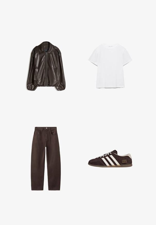 Veste en cuir marron avec fermeture éclair, grand col, et deux poches latérales. Coupe décontractée avec détail de manches légèrement bouffantes.; T-shirt blanc uni à manches courtes et col rond, avec un ourlet droit, présenté sur un fond blanc.; Jean en denim marron à jambes droites avec un design à cinq poches, fermeture par boutons et coutures apparentes. La texture du tissu paraît solide et lisse.; Baskets en suède marron avec trois bandes blanches, semelle en caoutchouc, et étiquette avec le texte "Gazelle" en or. Fermeture à lacets avec lacets gris.
