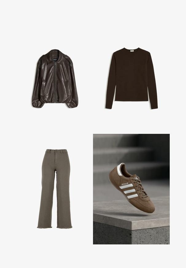 Brun læderjakke med lynlås, stor krave og to sidelommer, med en afslappet pasform og let puffede ærmegab.; Mørk brun langærmet t-shirt med rund hals, ensfarvet design, lagt fladt på hvid baggrund.; Højttaljede olivengrønne vidde bukser med knap- og lynlåslukning, bærestropper og frynsede kanter.; Brun ruskind Adidas Spezial sneaker med hvide striber og snørebånd, svævende over en grå betonkantring mod en sløret baggrund af trapper.