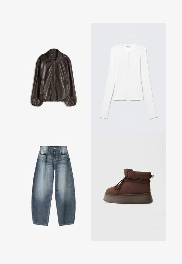 Braune Lederjacke mit Reißverschluss, großem Kragen und zwei Seitentaschen, legerer Passform und leicht aufgepolsterten Ärmeln.; Weißes Langarm-Henley-Shirt mit rundem Ausschnitt und einer vertikalen Reihe kleiner Knöpfe in der vorderen Mitte.; Weite Jeans aus hellblauem Denim mit Ausbleichungen, im fünf-Taschen-Design, mit Knopfverschluss und minimalen Nähtelementen.; Braune gepolsterte Winterstiefel mit dicker Sohle und Schnürverschluss mit Zugband vor einem schlichten hellen Hintergrund.