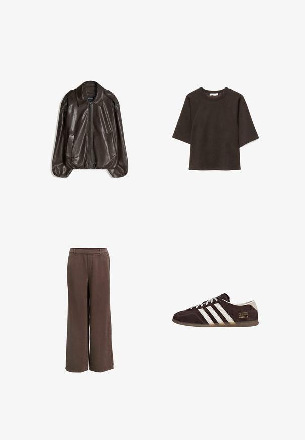 Veste en cuir marron avec fermeture éclair, grand col, et deux poches latérales. Coupe décontractée avec détail de manches légèrement bouffantes.; Sweat-shirt noir à manches courtes avec encolure ronde et coupe décontractée, présenté à plat sur un fond blanc.; Pantalon marron à jambes larges en tissu doux, avec une taille mi-haute, une fermeture éclair frontale dissimulée, et une texture lisse.; Baskets en suède marron avec trois bandes blanches, semelle en caoutchouc, et étiquette avec le texte "Gazelle" en or. Fermeture à lacets avec lacets gris.