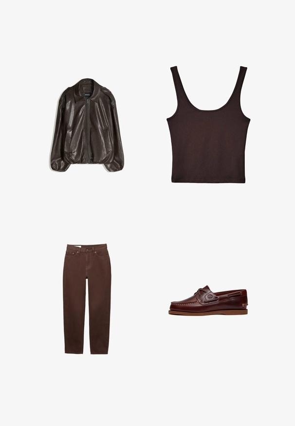 Brun læderjakke med lynlås, stor krave og to sidelommer, med en afslappet pasform og let puffede ærmegab.; Mørkebrun ribbet tanktop med brede skulderstropper og et tætsiddende design. Stoffet er blødt med en glat tekstur og en cropped længde.; Brune jeans med lige ben, frontknap, lynlåslukning og femlomme-design på hvid baggrund.; Brun læder bådsko med snørre, syningsdetaljer og Timberland-logo på siden, vist på en hvid baggrund.