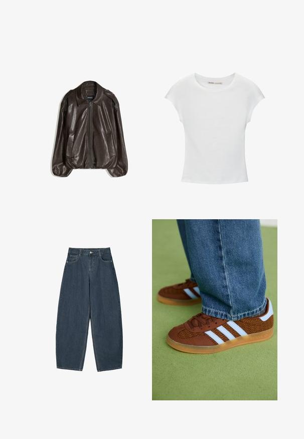 Brun læderjakke med lynlås, stor krave og to sidelommer, med en afslappet pasform og let puffede ærmegab.; Hvid bomuld t-shirt med korte, opsmøgede ærmer, rund halsudskæring og lige kant. Glat tekstur uden synlige mønstre eller detaljer.; Mørkeblå denim buede bukser med høj talje, som har fem lommer og synlige stingdetaljer. Ren, minimalistik design.; Brune Adidas sneakers med hvide striber og gummisåler, båret med blå jeans på grøn tæppe.