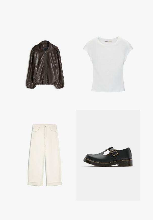 Bruine leren jas met een ritssluiting, een grote kraag en twee zijzakken, uitgevoerd in een losse pasvorm met een lichte pofmouwdetail.; Witte katoenen T-shirt met korte, opgerolde mouwen, een ronde halslijn en een rechte zoom. Gladde textuur zonder zichtbare patronen of accenten.; Off-white wijde cropped broek met knoop aan de voorkant, rits, twee voorzakken en zichtbare bruine stiksels.; Zwarte leren schoen met een ronde neus, enkelband en gesp, lage hak en gele stiksels langs de zool. Gladde textuur overal.