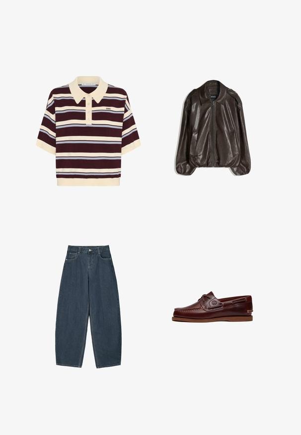 Bruine leren jas met een ritssluiting, een grote kraag en twee zijzakken, uitgevoerd in een losse pasvorm met een lichte pofmouwdetail.; Korte mouwen polo shirt in kastanjebruin en crèmekleurige strepen met lichtblauwe accenten, met een kraag en knoopsluiting. Zacht gebreide stof.; Donkerblauwe denim wijde broek met hoge taille, voorzien van vijf zakken en zichtbare stikseldetails. Schoon, minimaal ontwerp.; Bruine leren boot schoen met veters, stiksel details en Timberland-logo aan de zijkant, weergegeven op een witte achtergrond.