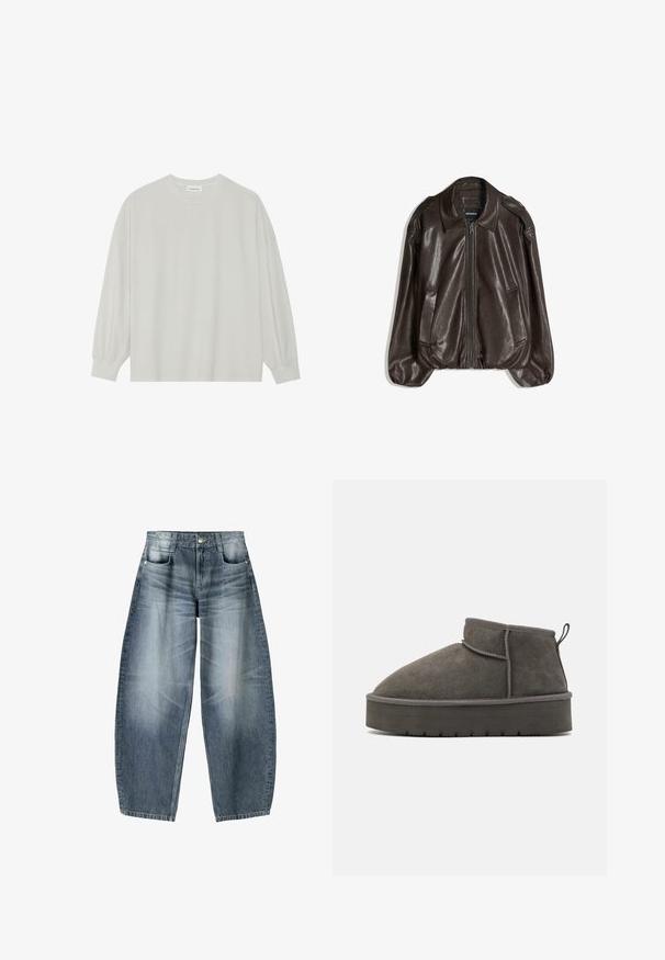 Veste en cuir marron avec fermeture éclair, grand col, et deux poches latérales. Coupe décontractée avec détail de manches légèrement bouffantes.; T-shirt à manches longues gris clair en coton doux. Présente une coupe ample, un col rond et des poignets légèrement froncés. Aucun motif ni graphique.; Jean large en denim bleu clair avec décoloration, présentant un design à cinq poches, un bouton de fermeture et des détails de couture minimaux.; Bottines en suède gris avec un bout rond, une tige courte et une semelle en caoutchouc épaisse. Elles comprennent une languette en boucle à l'arrière et des coutures ton sur ton.