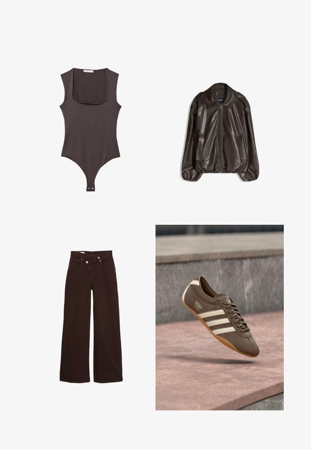 Bruine leren jas met een ritssluiting, een grote kraag en twee zijzakken, uitgevoerd in een losse pasvorm met een lichte pofmouwdetail.; Bruine mouwloze bodysuit met vierkante hals, gemaakt van zachte stof. Bevat een drukknoopsluiting aan de onderkant en heeft een aansluitende silhouet.; Bruine wijde jeans met hoge taille, rits aan de voorkant en knoopsluiting, met voor- en achterzakken.; Bruine suède sneaker met witte strepen en merklogo's, voorzien van een ronde neus en een zool van tandgumrubber, zwevend boven een getextureerd oppervlak.