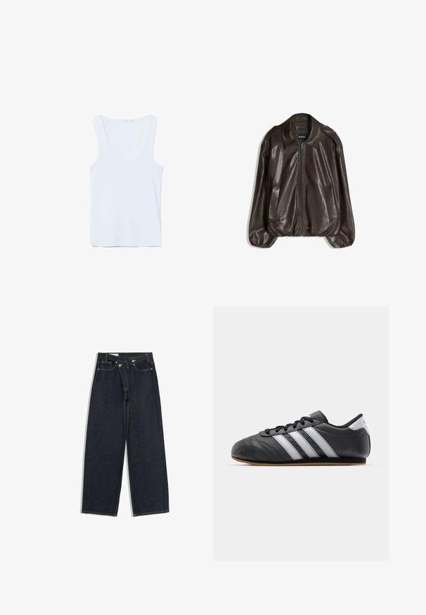 Braune Lederjacke mit Reißverschluss, großem Kragen und zwei Seitentaschen, legerer Passform und leicht aufgepolsterten Ärmeln.; Weißes ärmelloses Tanktop mit Rundhalsausschnitt, flach auf einem weißen Hintergrund liegend.; Dunkelblaue Jeans mit weitem Bein, doppeltem Knopfverschluss, Vordertaschen und sichtbaren Nähten, flach auf weißem Hintergrund liegend.; Schwarzer Sportschuh aus Leder mit weißen Streifen, runder Spitze, flacher Sohle und Schnürverschluss. Besitzt Perforationen für Atmungsaktivität.