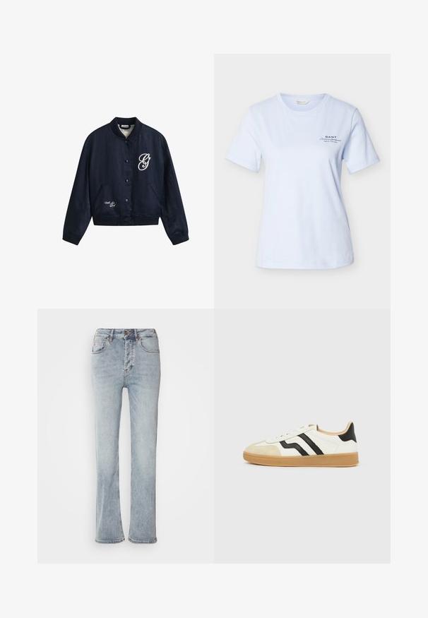 Navyblå bomberjakke med knapper, ribstrikket krave, manchetter og kant med hvid skrift "G" på brystet og "With Love" nær kanten.; Lyseblå kortærmet T-shirt med rund hals og "GANT American Sportswear New Haven" logo på venstre bryst.; Lysblå denimjeans med høj talje, lige ben-design og en let udskæring ved kanten. Har syninger som accent og en lynlås foran.; Hvid sneaker med beige tåhæt, sorte sidelister, lysebrun sål og lavt snit.
