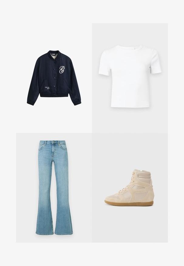 Navyblå bomberjakke med knapper, ribstrikket krave, manchetter og kant med hvid skrift "G" på brystet og "With Love" nær kanten.; Hvid T-shirt med korte ærmer lavet af ribstrikket stof, med rund hals og en tætsiddende pasform, ideel til lag-på-lag eller afslappet brug.; Lyseblå denimjeans med høj talje, knap- og lynlåslukning foran, lommer foran og bagpå samt vidde i benene.; Beige høj-top sneakers lavet af glat læder og ruskindsmaterialer. Perforerede paneler, tonede stikninger og en gummisål.