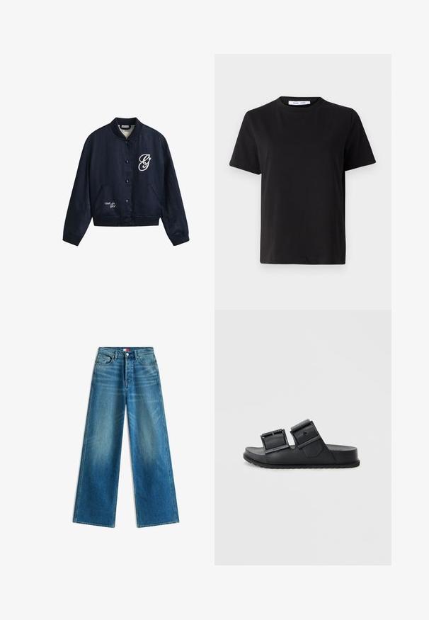 Marineblauwe bomberjack met knopen, geribde kraag, manchetten en zoom, met witte tekst ; Zwart T-shirt met korte mouwen, gemaakt van zachte katoen, met een ronde hals, een ontspannen pasvorm en een gladde textuur. Geen zichtbare patronen of opdrukken.; Blauwe wijderechte spijkerbroek met voorzakken, riemlussen, knoopsluiting en kleine merkvlagdetails op de zak en taille.; Zwarte schuursandalen van textuur materiaal met twee verstelbare banden met gespen. Vlakke zool met een gemusterde loop voor grip.