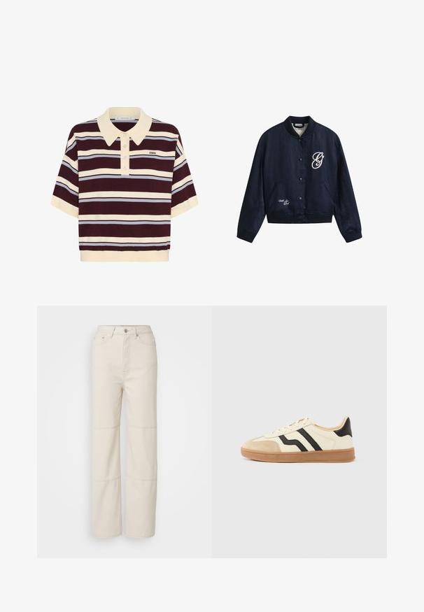 Veste bomber bleu marine à boutons avec col, poignets et ourlet côtelés, comportant un "G" blanc manuscrit sur la poitrine et "With Love" près de l'ourlet.; Polo shirt à manches courtes rayé bordeaux et crème avec des accents bleu clair, doté d'un col et d'une patte de boutonnage. Tissus en tricot doux.; Jean large beige clair en coton. Présente une taille haute, une fermeture à bouton à l'avant et deux accents de couture horizontaux sur les jambes.; Baskets à lacets avec une tige crème ornée de rayures noires et un bout en daim, complétées par une semelle en caoutchouc marron.