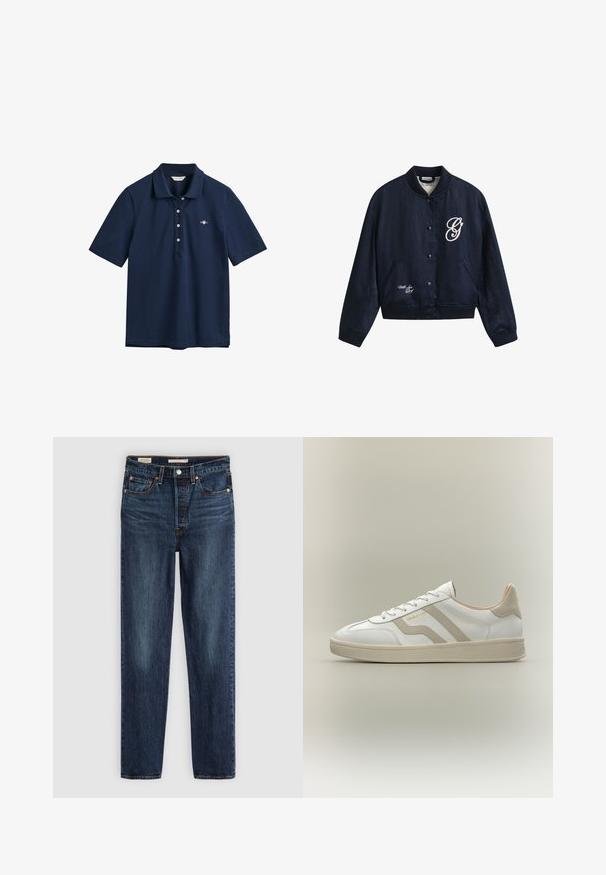 Veste bomber bleu marine à boutons avec col, poignets et ourlet côtelés, comportant un "G" blanc manuscrit sur la poitrine et "With Love" près de l'ourlet.; Polo bleu marine en coton, avec un col classique, une patte de boutonnage à trois boutons et un petit logo brodé sur la poitrine.; Jeans droits bleu foncé avec cinq poches, fermeture à bouton et à glissière, et surpiqûre contrastante.; Baskets basses blanches avec des accents beige, lacets et semelle texturée, avec le nom de la marque "GANT" sur le côté.