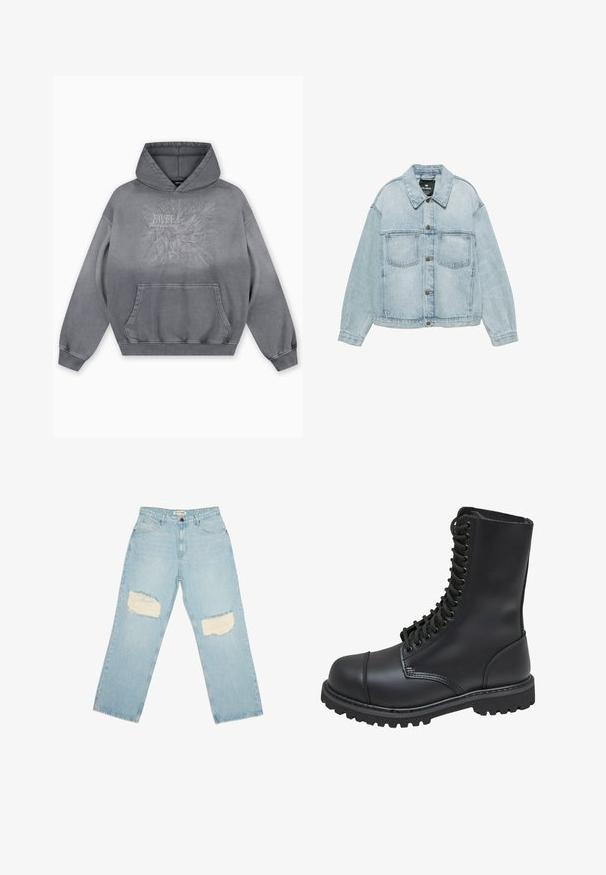 Hellblaue Jeansjacke mit Knopfverschluss, zwei Brusttaschen und klassischem Kragen, flach auf weißem Hintergrund ausgelegt.; Grauer Kapuzenpullover mit einer strukturierten Druckgrafik, die "FAVELA Worldwide" und ein Adlerdesign zeigt, Kängurutasche vorne und gerippte Bündchen.; Helleblaue Jeans mit hoher Taille, geradem Bein und ausgefransten Patches an beiden Oberschenkeln.; Schwarze Lederkampfstiefel mit hohem Schaft, Schnürung an der Vorderseite, gepolstertem Kragen und rutschfester, strukturierter Sohle für guten Halt. Mit verstärkter Zehenkappe.