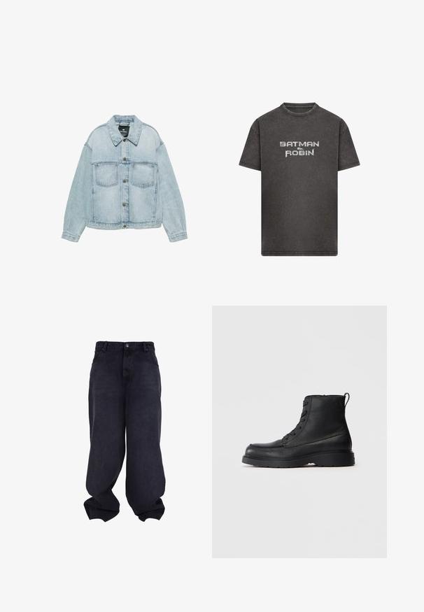 Lyseblå denimjakke med knaplukning, to brystlommer og klassisk krave, lagt fladt på en hvid baggrund.; Kortærmet T-shirt i kulgrå med falmet stof og teksten "BATMAN & ROBIN" trykt i lysegrå på forsiden i midten.; Sorte oversized løstsiddende jeans med knap- og lynlåsfrontlukning, forlommer og løse, brede ben.; Sorte struktureret læder ankelstøvle med snørebånd, tykk sål og løkke bagpå, set fra siden.