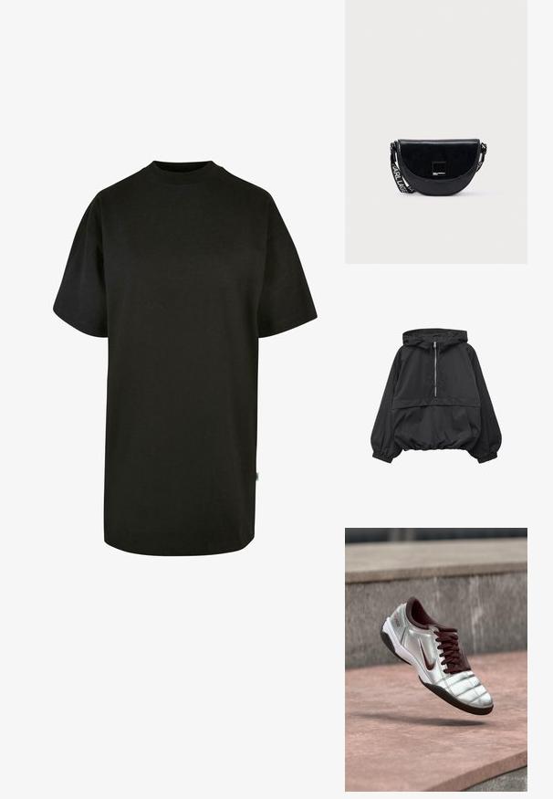 Sort hætteklædt vindjakke med halv-front lynlås, lange ærmer, elastiske manchetter og en stor forlommer med elastisk kant.; Sort bomulds T-shirt med rund halsudskæring og korte ærmer. Løs pasform, ensfarvet design og ingen synlige mønstre eller accenter.; Sølv- og bourgognefarvet Nike-sneaker med snørebånd, der svæver over en lyserød stenovertflade med en grå stenvæg i baggrunden.; Sort læder crossbody-taske med en halvmåneform, der har en glansfuld finish og en strop med logo til justerbar brug.