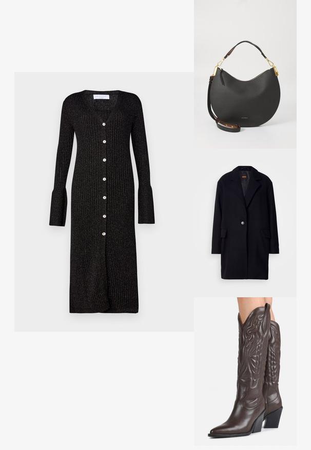 Manteau en laine noire avec un col en pointe, une fermeture à un bouton, deux poches avant et une doublure matelassée. Design simple et épuré.; Cardigan en tricot noir à côtes avec des manches longues, un décolleté en V et des boutons sur le devant. Présente des poignets de manche évasés et un léger éclat.; Bottes de cowboy en cuir brun foncé montant jusqu'aux genoux, avec bouts pointus, coutures décoratives et talons blocs inclinés portées par une personne.; Sac à main en cuir noir en forme de croissant, avec quincaillerie dorée et une bandoulière détachable. Présente une surface texturée et une fermeture éclair.