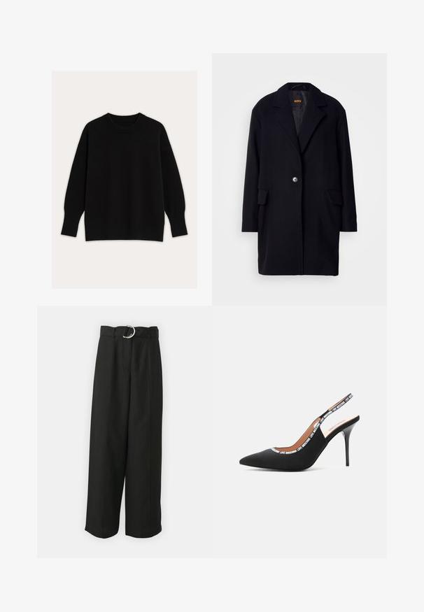 Sorte uldfrakke med slå-krave, enkelt knaplukning, to forlommer og quiltet foer. Enkel, strømlinet design.; Sort strikket sweater med rund halsudskæring, faldende skuldre samt ribstrikkede manchetter og kant. Glat tekstur med en løs pasform.; Sorte brede bukser med høj talje, bæltesløjfer, en sølvfarvet ringespænde og frontfolder. Lavet af blødt, holdbart stof.; Love Moschino LOGO TAPE - Højhælede pumps - black