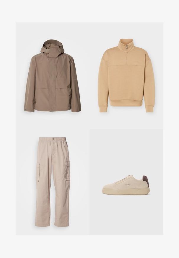 Tan vandtæt jakke med høj krave og justerbar hætte. Har to forlommer og diskret branding på venstre side.; Beige sweatshirt med halv lynlås, høj krave, lange ærmer, ribbet opslag og kant samt diskret mærkelogo på brystet.; Beige cargo bukser med en afslappet pasform, elastisk talje, knaplukning og sidelommer. Fremstillet af letvægtsmateriale med en glat tekstur.; Beige ruskind sneakers med rund tå, snørret foran og en brun ruskindsdetalje på hælen. Har en tekstureret gummisål.