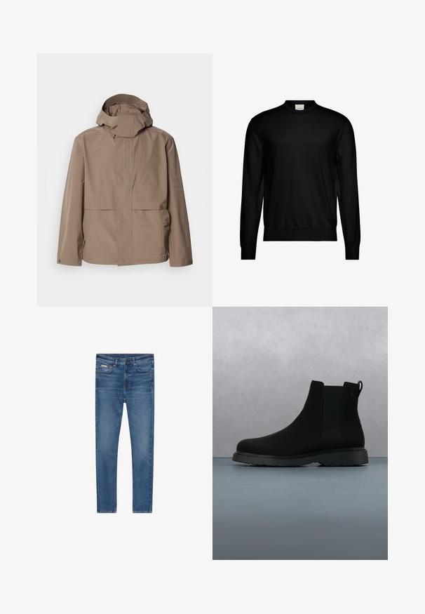 Beige wasserdichte Jacke mit hohem Kragen und verstellbarem Kapuzen. Verfügt über zwei Fronttaschen und dezente Logos auf der linken Seite.; Schwarzer Pullover mit langem Arm und Rundhalsausschnitt, mit gerippten Bündchen und Saum, versehen mit einem kleinen weißen Markenetikett innen am Halsausschnitt.; Blaue Denim-Jeans mit schlanker Passform, fünf Taschen, Knopfverschluss und subtiler Verblassung an Oberschenkeln und Knien.; Schwarze Knöchelstiefel aus glattem Material mit subtilen Nähten, einer Gummisohle und einem eleganten Design, platziert auf einer Oberfläche mit Holzstruktur.
