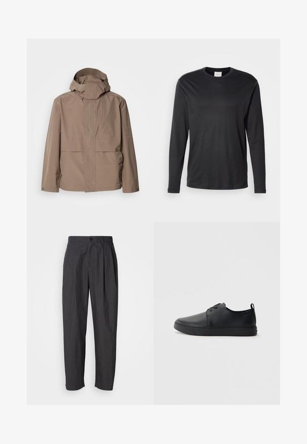 Veste imperméable beige avec un col haut et une capuche ajustable. Elle dispose de deux poches avant et d'un logo discret sur le côté gauche.; T-shirt noir à manches longues et col rond de Calvin Klein avec un petit logo CK sur la poitrine gauche, présenté sur un fond blanc uni.; Pantalons droit gris foncé avec passants de ceinture, fermeture à bouton à l'avant et poches latérales sur un fond clair.; Baskets en cuir noir avec une finition lisse, bout arrondi, coutures ton sur ton, devant à lacets et semelle plate en caoutchouc. Anse au talon.