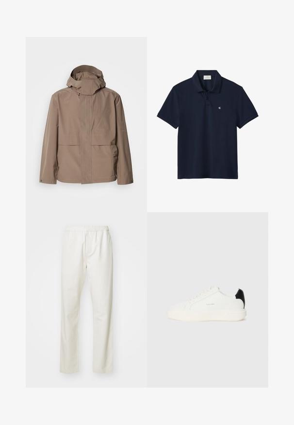 Veste imperméable beige avec un col haut et une capuche ajustable. Elle dispose de deux poches avant et d'un logo discret sur le côté gauche.; Polo bleu marine à manches courtes avec col et deux boutons, avec un petit logo blanc "cK" sur la partie gauche de la poitrine.; Pantalons en coton blancs avec une taille élastique et une conception à jambe droite, présentant une texture lisse et sans motifs ni accents visibles.; Baskets en cuir blanc avec un accent noir à l'arrière, présentant un bout rond, des lacets plats et une épaisse semelle blanche. Logo Calvin Klein affiché.