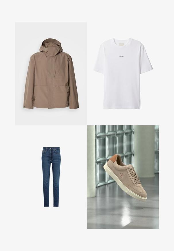 Tan vandtæt jakke med høj krave og justerbar hætte. Har to forlommer og diskret branding på venstre side.; Hvid bomuld t-shirt med rund hals og korte ærmer. Har en lille sort "Calvin Klein"-logo centreret på brystet.; Mørkeblå slim fit jeans med forrest knap- og lynlåsmed lukning, fem lommer og synlige syninger på hvid baggrund.; Beige ruskind sneaker med brunt læder hæl detalje og hvid sål, der svæver indendørs nær glasblok væg og betongulv.