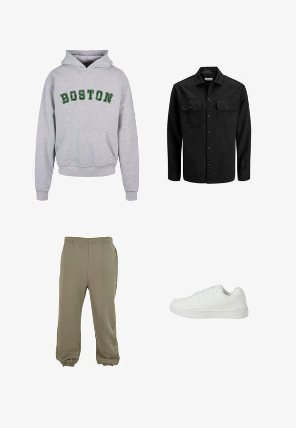 Sort skjorte med knapper lavet af uldblanding, med krave, to brystlommer med klapper og et lige snit.; Grå hættetrøje med en frontlomme, prydet med "BOSTON" i mørkegrønne buede bogstaver på brystet. Klassisk design med snoretræk til hætten.; Olivengrønne sweats med elastisk liv, sidelommer og tapered manchetter ved anklerne, lavet af blødt, strækbart stof.; Hvid atletiksko med en glat læderoverdel, flere perforeringer for åndbarhed og en struktureret gummisål med riller.