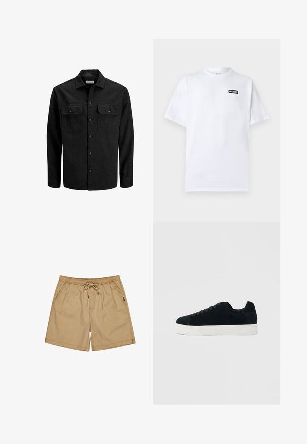 Camisa negra abotonada confeccionada en mezcla de lana, con cuello, dos bolsillos en el pecho con solapas y diseño de corte recto.; Camiseta blanca de algodón de manga corta con un pequeño parche con el logo en blanco y negro de Columbia Sportswear en el pecho izquierdo.; Pantalones cortos de algodón beige con cintura elástica y cordón, que cuentan con bolsillos laterales y un ajuste relajado. Textura simple y suave sin patrones.; Zapatilla baja de ante negro con cordones negros y suela gruesa de goma blanca sobre un fondo gris claro.