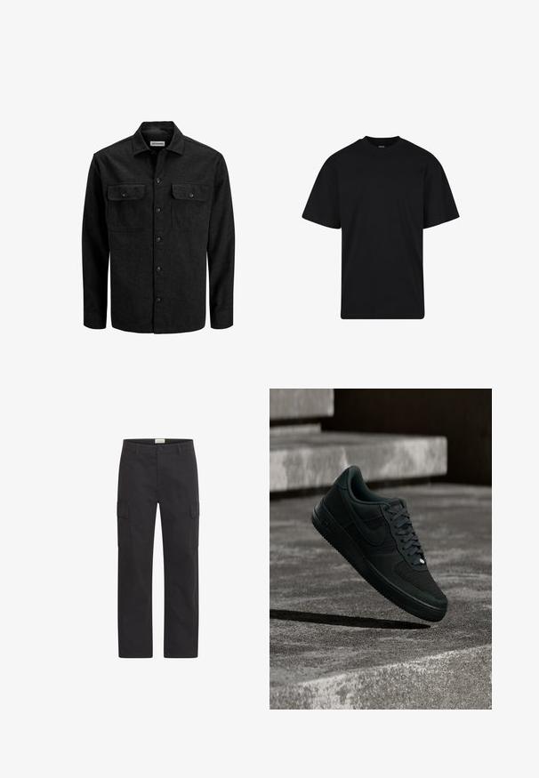 Sort skjorte med knapper lavet af uldblanding, med krave, to brystlommer med klapper og et lige snit.; Sort T-shirt med korte ærmer og rund hals, afslappet pasform, ensfarvet design uden synlige logoer eller mønstre.; Sorte cargo-bukser med lige ben, sidelommer med klap samt forstykke med knap- og lynlåslukning, vist mod en hvid baggrund.; Sort Nike Air Force 1 sportssko med mesh- og lærdetaljer, svævende over strukturerede betontrapper i dæmpet belysning.