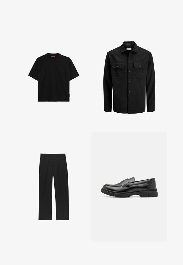 Schwarzes Hemd zum Zuknöpfen aus Wollmischung, mit Kragen, zwei Brusttaschen mit Klappen und geradem Schnitt.; Schwarzes kurzärmliges T-Shirt aus Baumwolle mit Rundhalsausschnitt und einem kleinen Etikett an der Seite. Glatte Textur und gerader Schnitt.; Schwarze Hose mit geradem Schnitt, aus einem glatten Stoff gefertigt. Verfügt über Vorderfalten und einen einzelnen Knopfverschluss an der Taille.; Schwarze Lederloafer mit einem breiten Riemen über dem Rist, Gummisohle mit dicken Profilen und glatter Textur. Klassisches, schlankes Design.