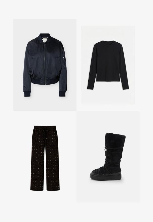 Veste bomber noire avec fermeture éclair avant, col, poignets et ceinture côtelés, deux poches avant et une poche zippée sur la manche gauche.; T-shirt noir à manches longues avec col rond, coupe ajustée et design uni, présenté sur un fond blanc.; Pantalon ample noir avec une taille élastique, cordons de serrage et un motif de petits points dorés régulièrement espacés.; Botte noir à fourrure intérieure, montante jusqu'au genou, avec une finition texturée, dotée d'une épaisse semelle noire et de détails froncés le long de la tige. Lacets ajustables.