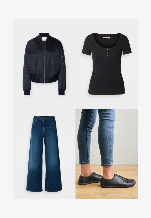 Sort bomberjakke med frontlynlås, ribbet krave, manchetter, talje samt to forlommer og en lynlåslomme på venstre ærme.; Sort ribbet t-shirt med korte ærmer og en bred rund halsudskæring. Har tre sølvknapdetaljer foran. Blød tekstur.; Viddejeans lavet af mørkeblå denim. Har høj talje, knaplukning og klassisk fem-lomme design med subtile falme.; Sorte lædersko med rund tå, lav profil og snørebåndsdesign. Kombineret med blå, tætsiddende jeans og en baggrund af trægulv.