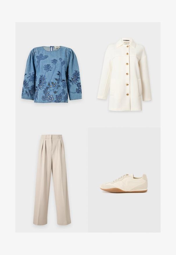 Manteau blanc à manches longues avec col et six boutons marron sur le devant, avec deux poches avant.; Chemise en denim à manches longues bouffantes, ornée de motifs floraux découpés et d'accents brodés en bleu foncé. Dos fermé avec un col rond.; Pantalon large beige taille haute avec plis à l'avant, passants pour ceinture et fermeture avant dissimulée.; Baskets beige clair avec une tige en cuir texturé, des panneaux latéraux texturés et une semelle en caoutchouc. Dotées d'un design fin et épuré ainsi que de lacets plats.