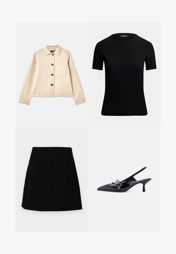 Veste en mélange de laine beige avec un col, six boutons noirs et une poche poitrine. Possède des manches longues et un design court.; Haut en maille noir à manches courtes avec encolure ronde et bords côtelés, étiqueté Lauren Ralph Lauren à l'intérieur du col arrière.; Mini-jupe noire avec une silhouette structurée, présentant des coutures à l'avant et des poches latérales, fabriquée à partir d'un tissu lisse et léger.; Chaussure à talon bas en cuir verni noir avec bride arrière, bout pointu et détail boucle argentée sur fond blanc uni.