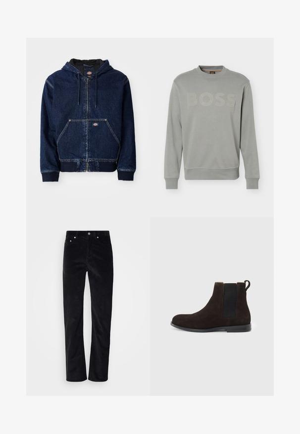 Donkerblauwe denim zip-up hoodie, voorzien van een hoodie met trekkoord, voorzakken en geribbelde mouwen. Contraststiksel en merkembleem zichtbaar.; Lichtgrijze sweater met lange mouwen en ronde hals, voorzien van geribbelde boorden aan de mouwen en onderkant, met een reliëf "BOSS"-logo over de borst en een klein neklabel.; Zwarte corduroybroek met een straight leg ontwerp. Voorzien van een knoopsluiting en vijf-pocket styling. Gestructureerde geribbelde stof.; Bruine suède Chelsea-boot met elastische zijpanelen en een trekhaak, met een ronde neus en een platte rubberen zool.