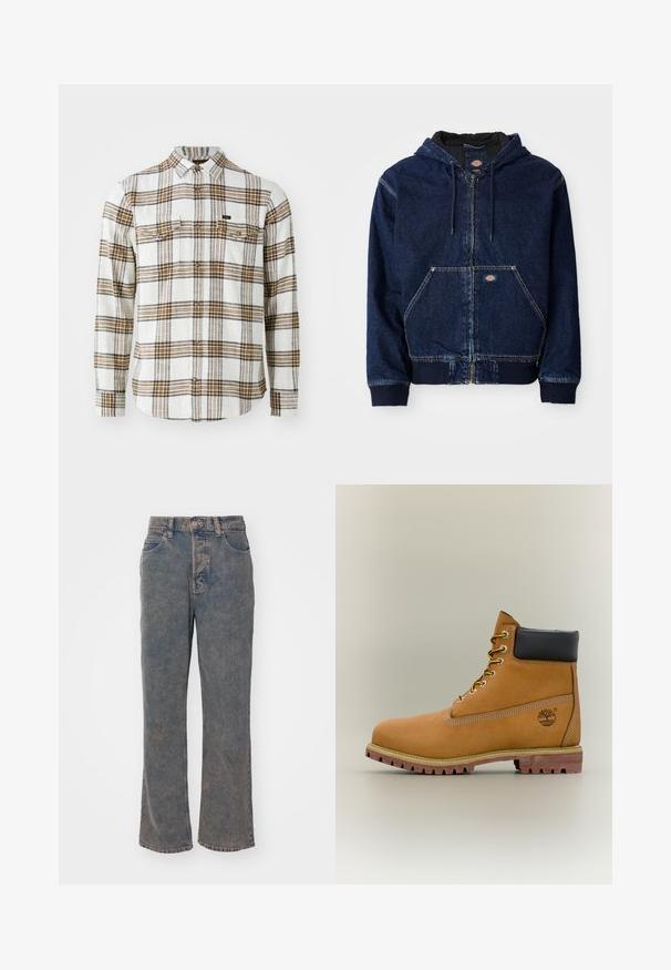 Sudadera con cremallera de mezclilla en azul oscuro, con capucha regulable, bolsillos frontales y puños acanalados. Costuras en contraste y etiqueta de la marca visibles.; Lee CLEAN WESTERN - Camisa - ecru ochre plaid; Jeans de pierna ancha en denim azul desgatado, que presentan un diseño clásico de cinco bolsillos, pasadores para cinturón y un cierre frontal de botón. Textura suave y corte recto.; Bota de tobillo de cuero marrón con cuello negro, cordones amarillos y suela beige. Presenta un logotipo y detalles de costura blanca. Suela exterior con tracción robusta.