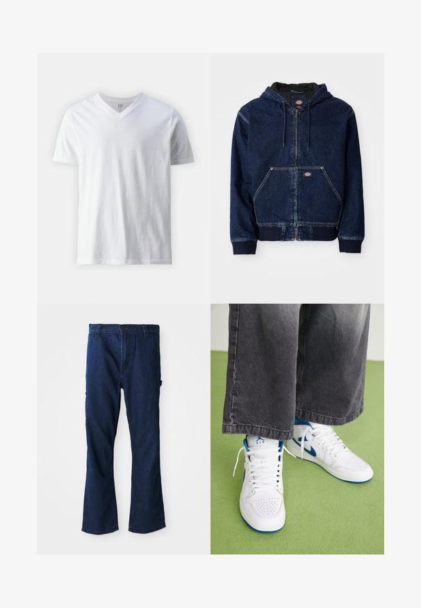 Sudadera con cremallera de mezclilla en azul oscuro, con capucha regulable, bolsillos frontales y puños acanalados. Costuras en contraste y etiqueta de la marca visibles.; Camiseta blanca de algodón de manga corta y cuello en V. Presenta un diseño liso con una textura suave y un ajuste relajado.; Vaqueros de mezclilla azul con diseño de pierna recta, cierre de botón y dos bolsillos laterales, con un ligero desgaste en la textura.; Zapatillas altas blancas con acentos azules, caja de puntera perforada y cordones blancos. Llevadas con pantalones de mezclilla grises sueltos sobre una superficie verde.
