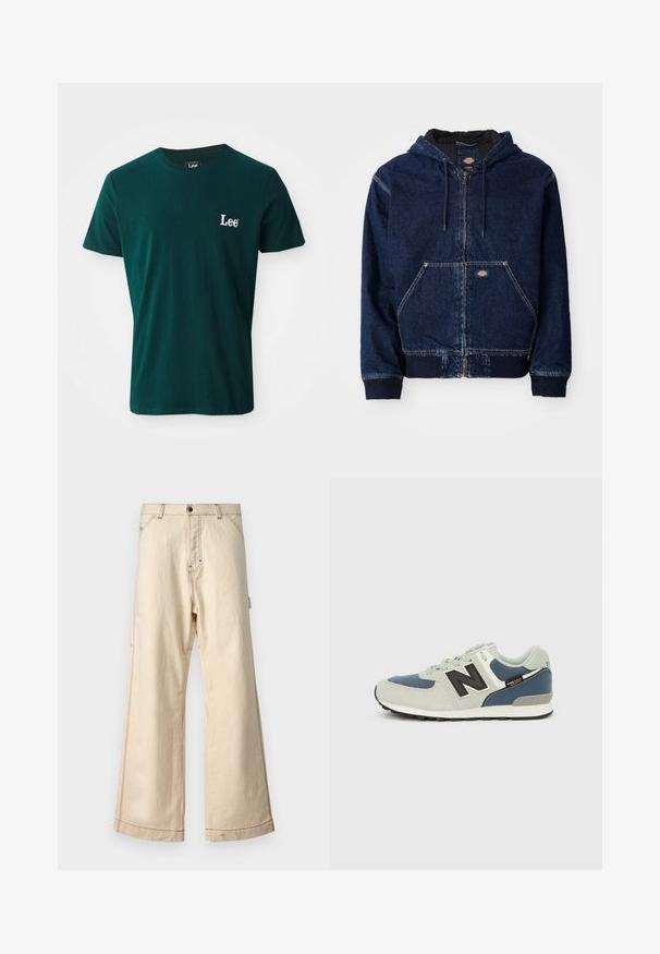 Sudadera con cremallera de mezclilla en azul oscuro, con capucha regulable, bolsillos frontales y puños acanalados. Costuras en contraste y etiqueta de la marca visibles.; Camiseta de algodón de color verde oscuro con cuello redondo, mangas cortas y un logo blanco bordado de "Lee" en el lado izquierdo del pecho.; Pantalones de pierna ancha beige de algodón con cierre de cremallera y botón, que presentan costuras en contraste y bolsillos laterales.; Zapatilla de ante gris claro y malla con detalles en azul marino, logo negro, detalles blancos y suela de goma texturizada. Cierre de cordones seguro.