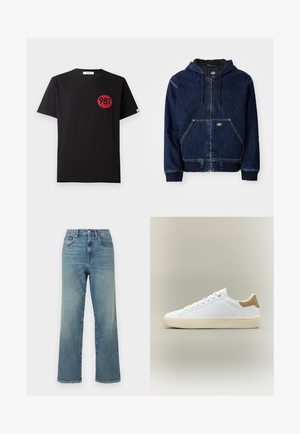 Dunkappe i denim i mørkeblå, med snorhue, forlommer og ribbede manchetter. Kontrastsyning og mærke tydeligt synlige.; Sort bomulds T-shirt med korte ærmer, der har et rødt cirkulært print, som inkluderer tallene "981" og ordet "REPLAY."; Blå jeans med høj talje, lige ben, frontlukning med knapper, bæltestropper og design med fem lommer.; Hvid lavtop-sneaker med beige sål og tan ruskindshæl, snørebåndsdesign og minimale perforeringsdetaljer på siden.