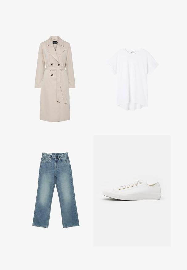 Hellbeiger, doppelreihiger Trenchcoat mit breiten Revers, schwarzen Knöpfen, einem passenden Stoffgürtel und langen Ärmeln.; Weißes Baumwoll-T-Shirt mit kurzen Ärmeln, Rundhalsausschnitt und abgerundetem Saum. Glatte Textur, schlichtes Design und keine sichtbaren Muster oder Akzente.; Blaue Jeans mit hoher Taille und geradem Bein, fünf Taschen, Knopfverschluss und dezenter ausgebleichter Waschung an den Vorderseiten der Oberschenkel.; Converse CHUCK TAYLOR ALL STAR - Sneaker low - vintage white/light gold