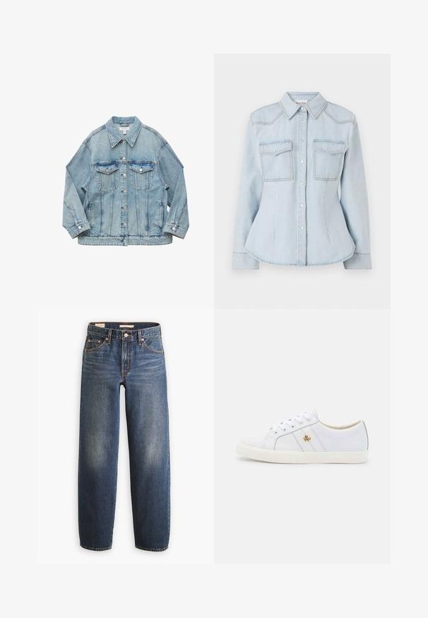 Hellblaue Jeansjacke mit Knopfleiste vorne, zwei Brustklappentaschen, langen Ärmeln und Kragen, flach auf weißem Hintergrund liegend.; Hellblaues Denim-Hemd mit tailliertem Design, spitzem Kragen, zwei Brusttaschen und kontrastierenden Nähten. Verfügt über eine Knopfleiste und lange Ärmel.; Dunkelblaue Jeans aus Denim mit geradem Bein, ausgestattet mit fünf Taschen, Kupfernieten und dezenten Verwaschungen an den Oberschenkeln.; Lauren Ralph Lauren JANSON II ACTION LEATHER SNEAKER - Sneaker low - real white