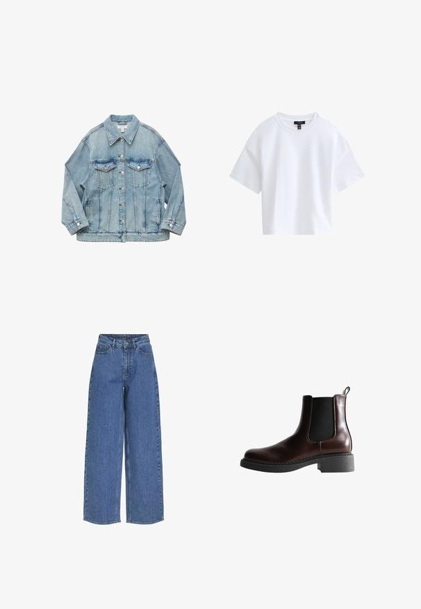 Lichtblauwe spijkerjack met knopen aan de voorkant, twee borstzakken met klep, lange mouwen en kraag, plat liggend op een witte achtergrond.; Effen witte cropped T-shirt met korte mouwen, een ronde hals en een zwart merkembleem aan de binnenkant van de kraag.; Wijde blauwe jeans met een hoge taille, gemaakt van denim stof. Voorzien van voorzakken en een knoopsluiting. Klassiek casual ontwerp.; Bruine leren enkelboot met elastische zijpanelen, ronde neus en een gestructureerde zwarte rubberen zool. Heeft contrasterende stiksels en een lusje aan de achterkant.