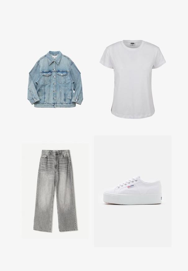 Lyseblå denimjakke med knapper foran, to brystlommer med klap, lange ærmer og krave, lagt fladt på hvid baggrund.; Hvid bomulds T-shirt med klassisk rund halsudskæring, korte ærmer og lige kant. Har et mærke med "URBAN CLASSICS" i sort.; VIDEAJEANS i falmet sort denim med høj talje, der har fem lomme design og kontrasterende syning for tekstur.; Hvide canvas sneakers med en tyk hvid platformssål, rund tå og metaløjelets til snørebånd. Mærkets logo præsenteret på siden.
