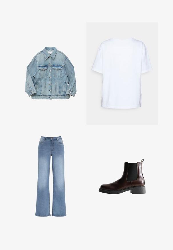 Lyseblå denimjakke med knapper foran, to brystlommer med klap, lange ærmer og krave, lagt fladt på hvid baggrund.; Enkelt hvid kortærmet bomulds t-shirt vist bagfra mod en lys grå baggrund.; Lyseblå vidde jeans lavet af denim. Har en knaplukning, fem lommer og syninger i kontrast. Glat overflade med en let falma.; Brune læder ankelstøvle med elastiske sidepaneler, rund tå og en struktureret sort gummisål. Har kontrasterende syninger og en trækflap.