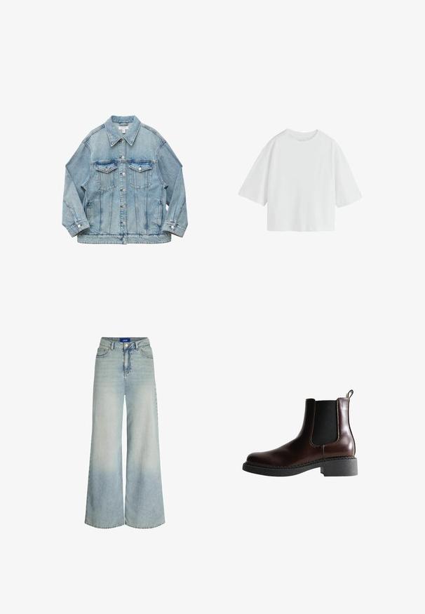 Lyseblå denimjakke med knapper foran, to brystlommer med klap, lange ærmer og krave, lagt fladt på hvid baggrund.; Simpel hvid oversized T-shirt med korte ærmer, rund hals og løs pasform.; Vidde jeans lavet af lyseblåt denim, med høj talje, fem lomme-design og subtilt falmning i stoffets tekstur.; Brune læder ankelstøvle med elastiske sidepaneler, rund tå og en struktureret sort gummisål. Har kontrasterende syninger og en trækflap.