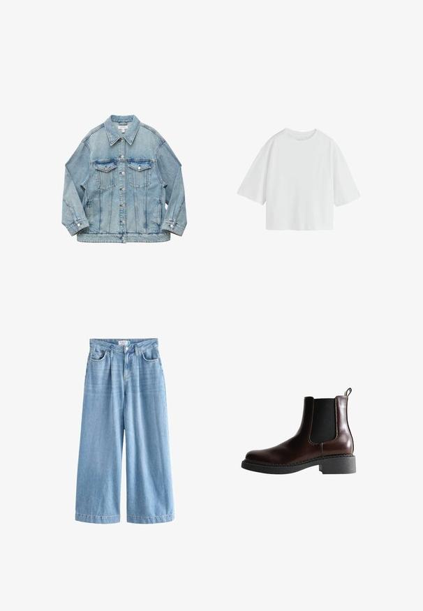 Lyseblå denimjakke med knapper foran, to brystlommer med klap, lange ærmer og krave, lagt fladt på hvid baggrund.; Simpel hvid oversized T-shirt med korte ærmer, rund hals og løs pasform.; Lyseblå denim palazzo jeans med brede ben, der har høj talje, frontlommer og knaplukning. Diskret falmet tekstur.; Brune læder ankelstøvle med elastiske sidepaneler, rund tå og en struktureret sort gummisål. Har kontrasterende syninger og en trækflap.
