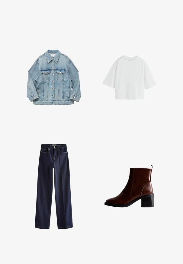 Lyseblå denimjakke med knapper foran, to brystlommer med klap, lange ærmer og krave, lagt fladt på hvid baggrund.; Simpel hvid oversized T-shirt med korte ærmer, rund hals og løs pasform.; Next Jeans Straight Leg - rinse blue; Brun læder ankelstøvle med firkantet tå og sidesøm, en 7,5 cm stablet hæl og en trækflap bagpå for nem påtagning.