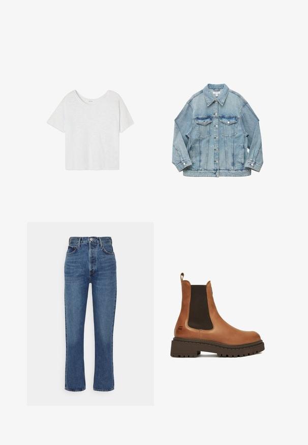 Lichtblauwe spijkerjack met knopen aan de voorkant, twee borstzakken met klep, lange mouwen en kraag, plat liggend op een witte achtergrond.; Effen wit, kort mouwtjes, cropped T-shirt met een ronde hals, getoond op een witte achtergrond.; Blauwe high-waisted spijkerbroek van denim, met een recht pijpdesign, vijf zakken en een metalen knoopsluiting.; Bruine leren Chelsea-laars met dikke zwarte rubberen zool en elastische zijkanten, met een trekpasje aan de achterkant.