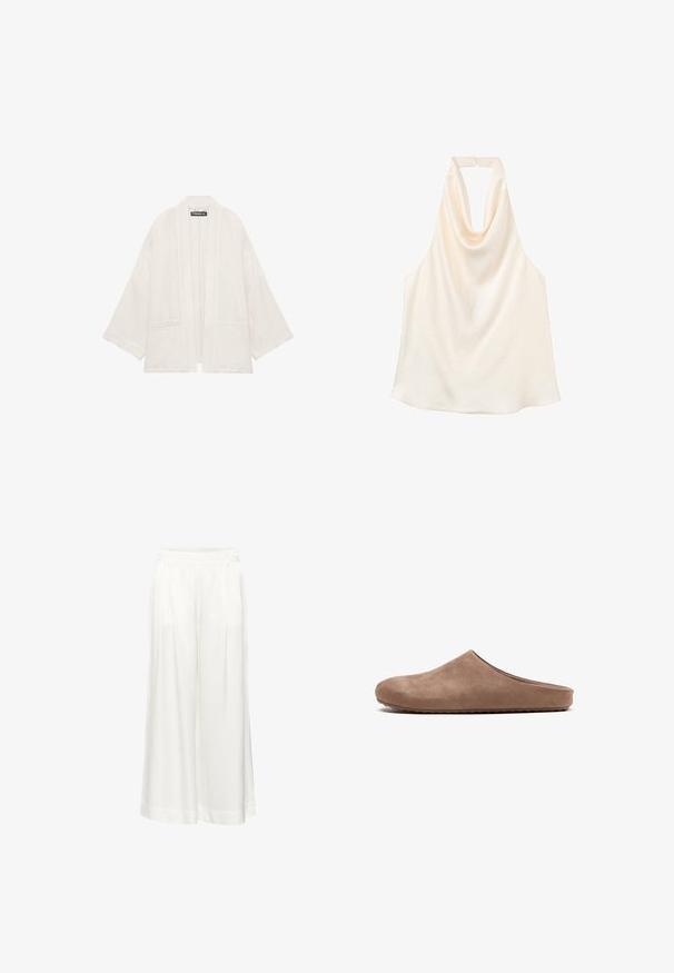 Veste kimono beige clair, ouverte devant, avec manches larges et deux poches frontales, confectionnée dans un tissu texturé.; Haut sans manches couleur crème avec un col bénitier drapé et une fermeture par agrafe dans le dos.; Un pantalon blanc à jambes larges avec des plis, fabriqué dans un tissu léger. Il présente une taille plate et des ourlets retournés. Texture lisse, sans motifs.; Mule en daim marron à enfiler avec bout rond fermé et semelle plate texturée, photographiée de profil sur un fond blanc.