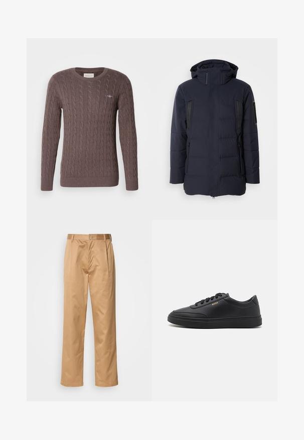 Chaqueta acolchada navy con capucha, presenta acentos negros, cremalleras y dos bolsillos laterales. El material parece suave con segmentos acolchados.; Suéter marrón de punto trenzado con cuello redondo, mangas largas y puños y dobladillo acanalados. Presenta un pequeño logo bordado en el pecho.; Pantalones caqui, mezcla de algodón, diseño de pierna recta, con pliegues delanteros, trabillas para cinturón y cierre de botón. Textura suave sin patrones.; Zapatillas de cuero negro con una textura suave, punta redondeada, suela plana de goma y cordones a tono. Presentan el logotipo dorado "BOSS" en el lateral.